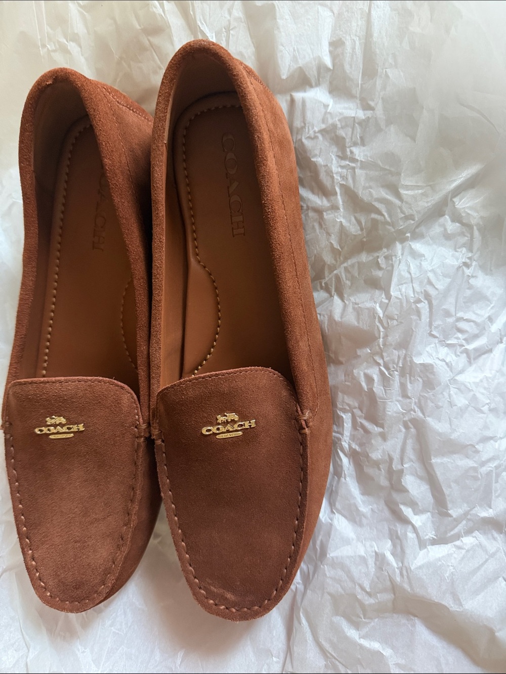 COACH Suede Loafers in Rust Brown with Gold Logo